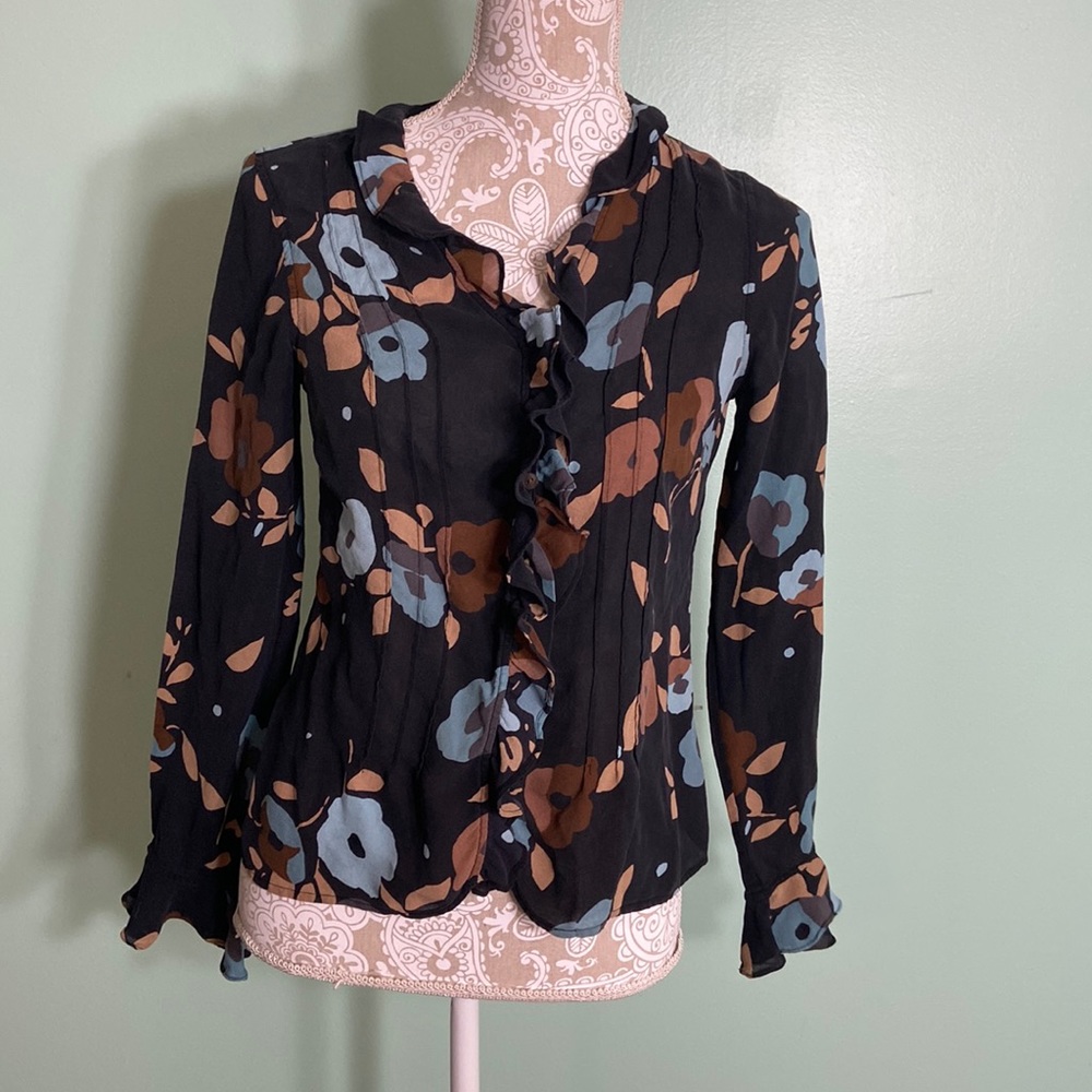 Floral black blouse shirt top with front button down